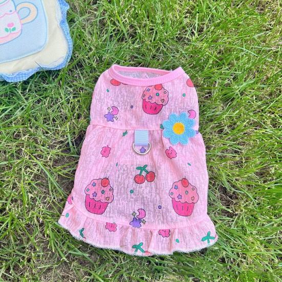 Summer Breathable Pet Clothes Flower Cherry Ice Cream Print Sleeveless Vest Pet Princess Skirt for Small Medium Girls Dogs Cats