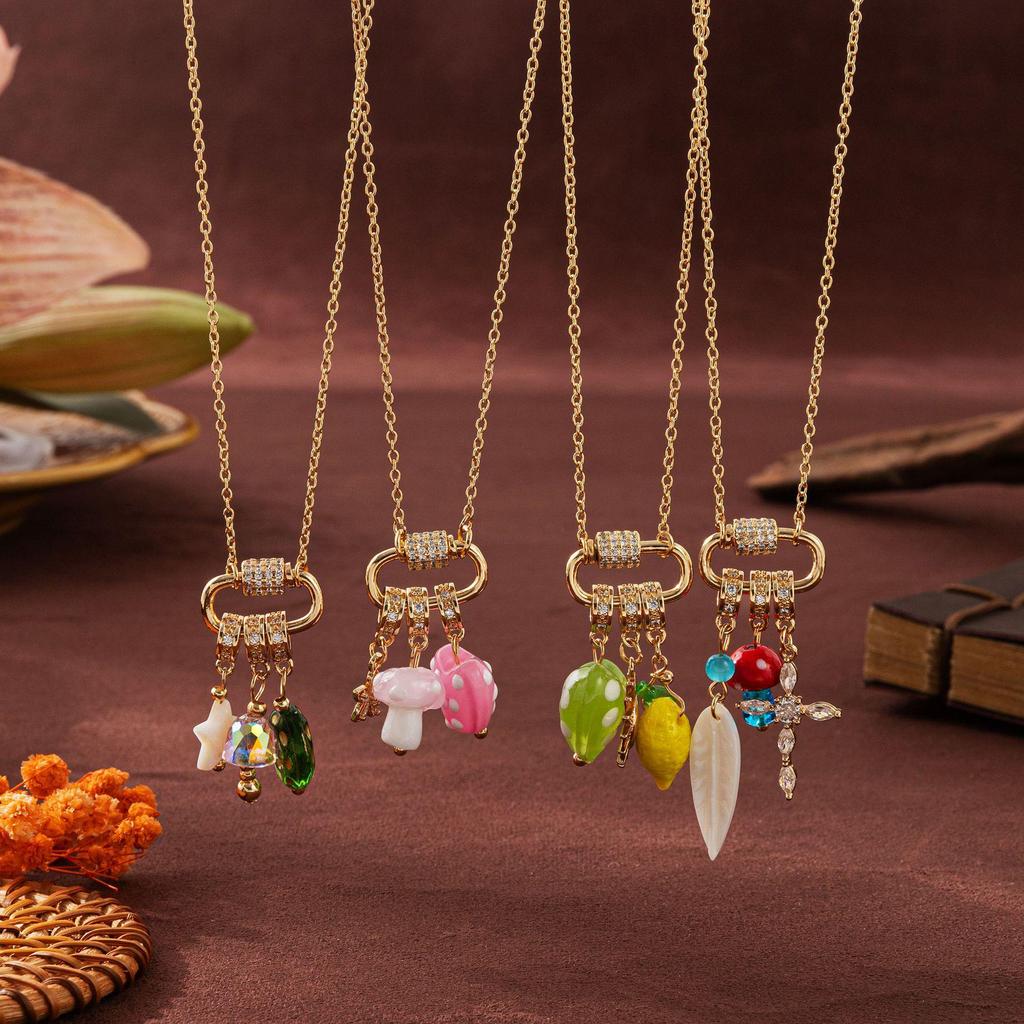18K Gold Plated Multi-Pendant Necklace with Cross, Mushroom, Heart, Star, Pearl & Starfish on Titanium Steel