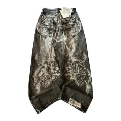 Streetwear Oversize Haftowane Luźne Dżinsy Damskie Y2K Harajuku Hiphop Retro Gotyckie Wysoki Stan Szerokie Nogawki Spodnie Spodnie