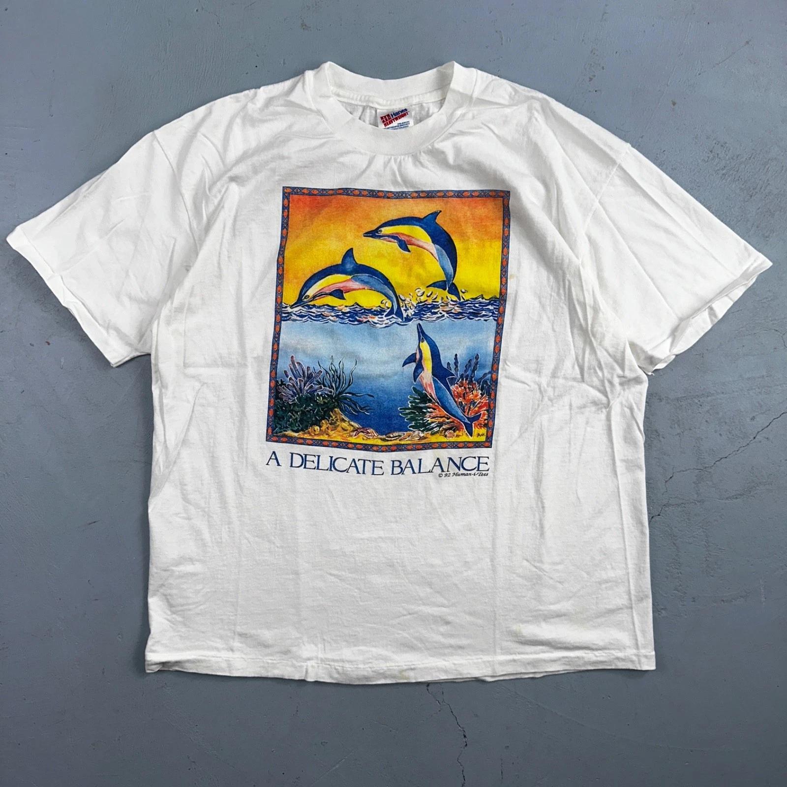 

Vintage 1992 A Delicate Balance Dolphins Humanitees T Shirt Hanes XL 90s Flordia 2XL