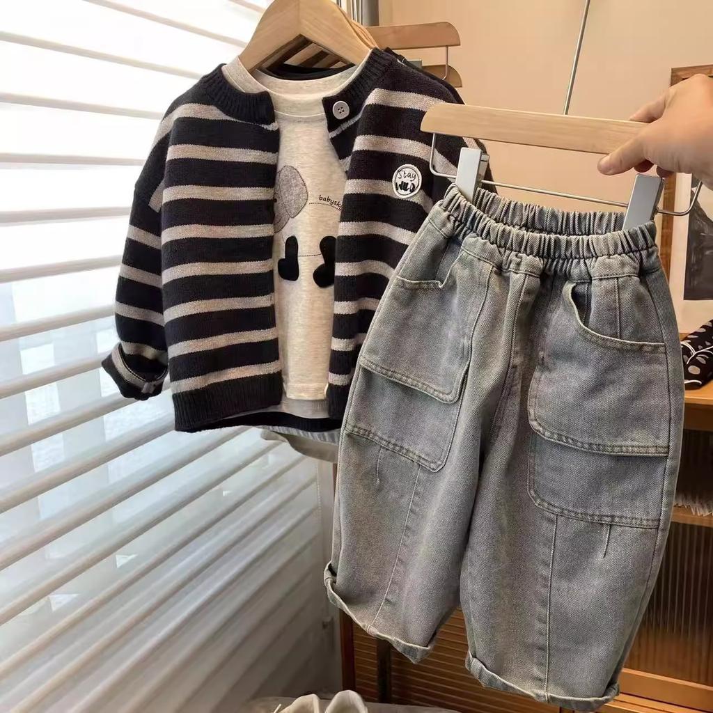 Boys Autumn Striped Knit Cardigan Round Neck Versatile Stylish Sweater