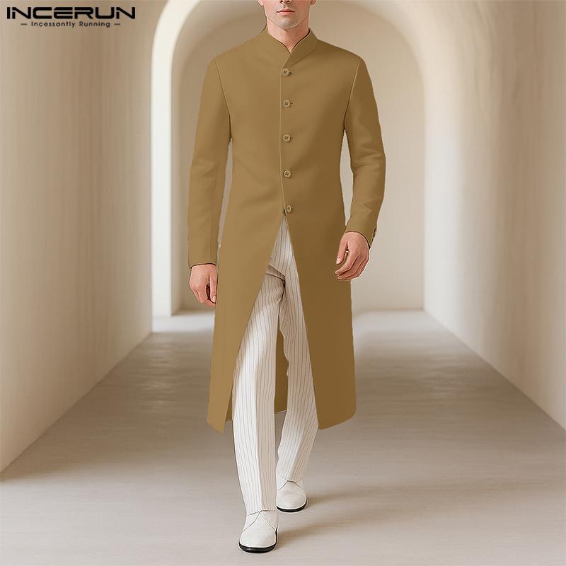 INCERUN Men Autumn Long Sleeve Buttons High Splits Long Coats Windbreaker
