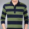 Camisas polo listradas masculinas da moda, novas camisas polo coreanas para negócios, primavera/outono, casuais, manga comprida, bolsos na lapela, roupas masculinas, tops de algodão, 2025
