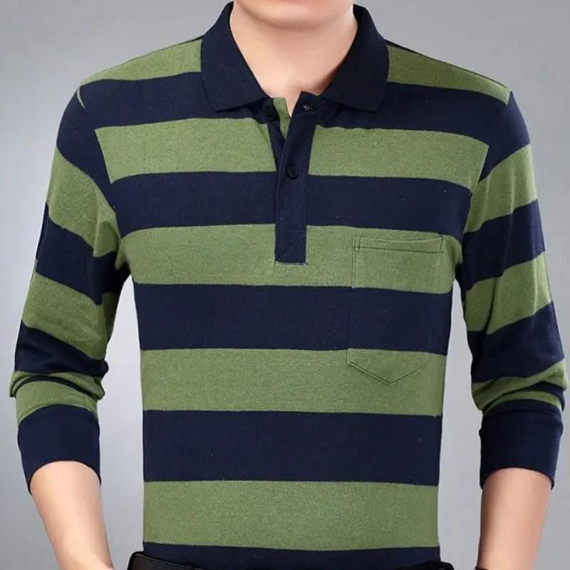 Camisas polo listradas masculinas da moda, novas camisas polo coreanas para negócios, primavera/outono, casuais, manga comprida, bolsos na lapela, roupas masculinas, tops de algodão, 2025
