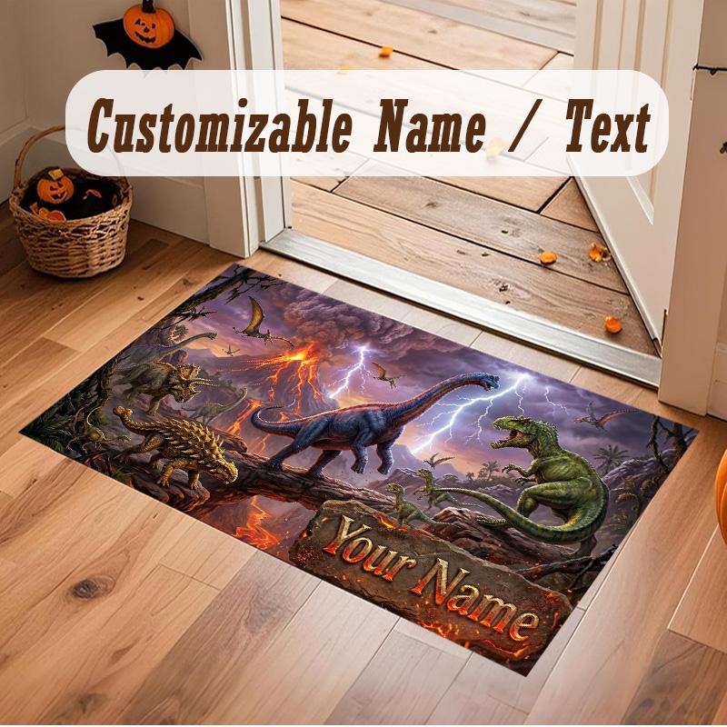 Dinosaur Theme Soft Crystal Velvet Rug Custom Name & Text Print Non Slip Floor Rug for Bedroom Living Room