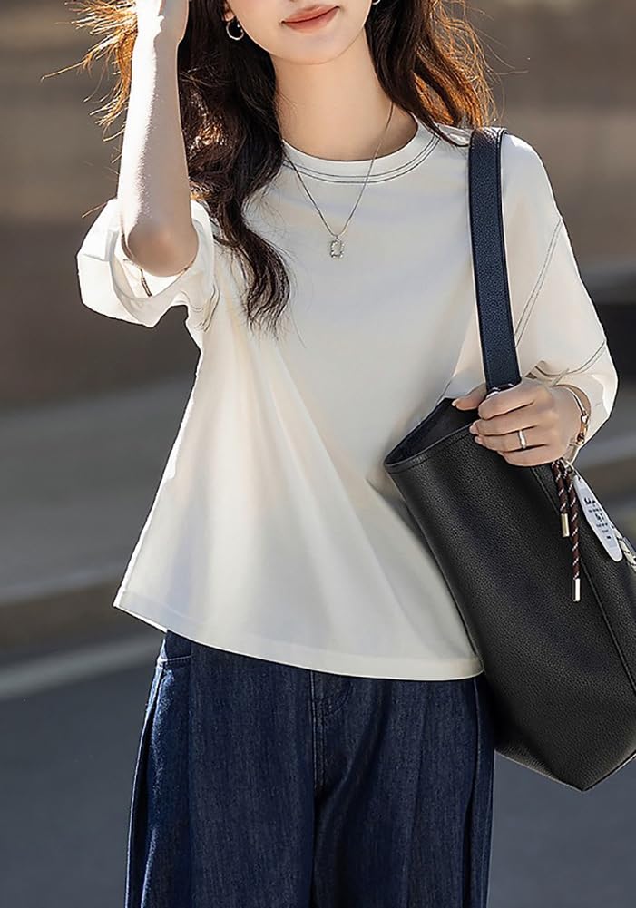 Blouse Summer Sleeve Puff Sleeve Top Crew Neck Loose Fit Body Covering Plain Jacket Feminine Cute Stylish Casual [H. zroy] Women's T-shirt 3/4