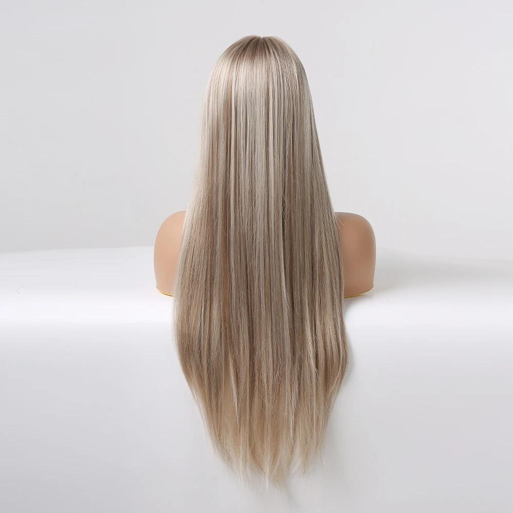 Lange, seidig glatte Spitzenperücke mit T-Teil, hellbraune, blonde Strähnchen-Perücke mit Babyhaar, hochdichte, hitzebeständige Kunsthaarperücke