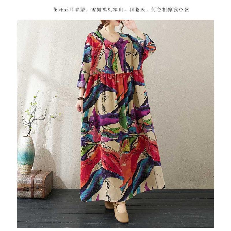 Round Neck Loose Plus Size Literary Plus Long Sleeve Dress