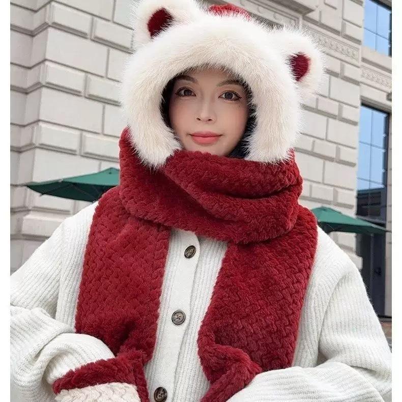 Cute bear ear hat, scarf, and gloves all-in-one, warm and cold-proof, thick plush ear protection cycling hat for women in autumn and winter