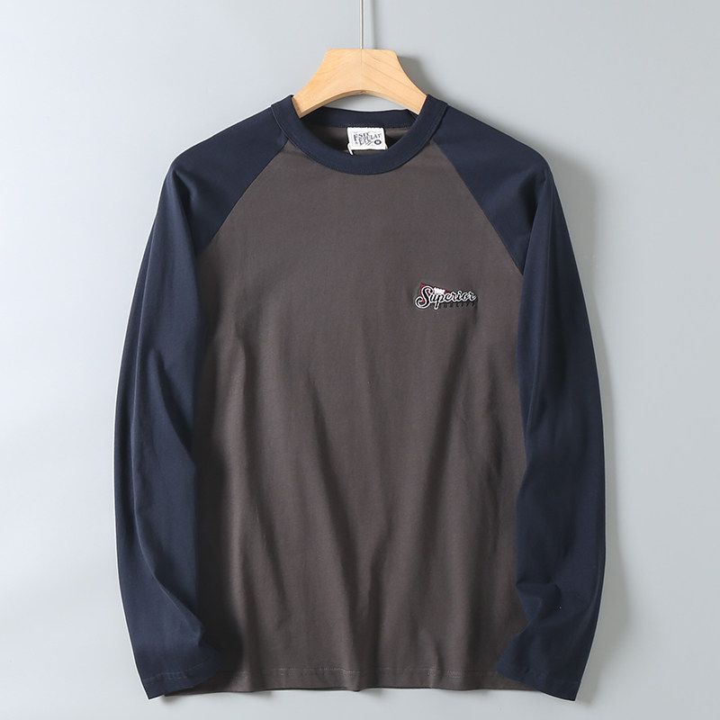 Vintage Patchwork Color-Blocking Pure Cotton T-Shirt for Men, Autumn Season, Letter Embroidery, Casual Base Shirt, Trendy