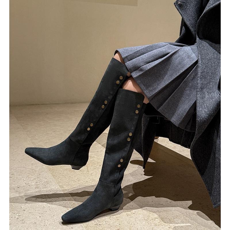 European goods popular fashion tall stacking boots women's 2025 autumn new square head low heel but knee casual western boots