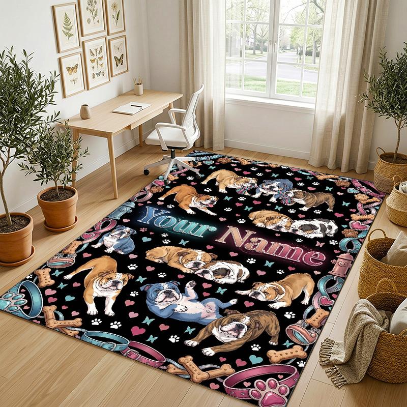 Dog Theme Crystal Velvet Rug Personalized Custom Name Text Soft Floor Mat Home Decor