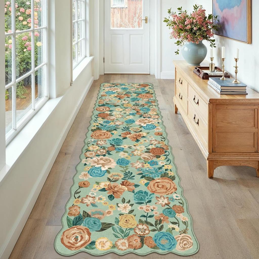 Retro Runner Rug Stylish Small Fresh Floral Print Bedroom Bedside Carpet Foldable Machine Washable Non-slip Corridor Mats Tapis