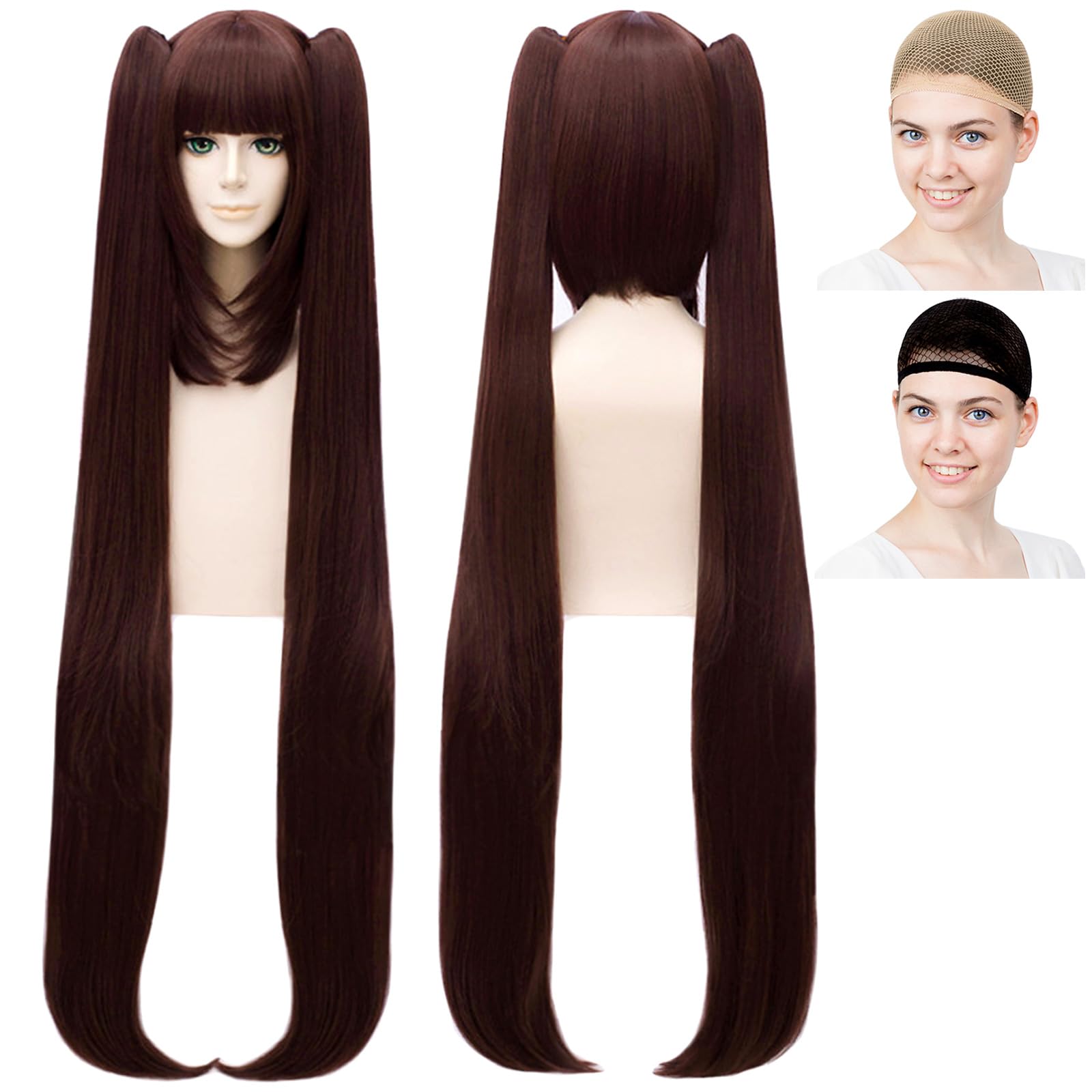 

CaseEden Cosplay Длинный с Термостойкостью Темный Включает 2 Сетки для Парика Парик, Два Хвоста, 120см, Пучок, Устойчивый, Коричневый,