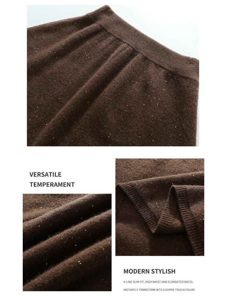 High-Waisted A-line Wool Sequin Umbrella Skirt – Mid-Length Slimming for Autumn/Winter