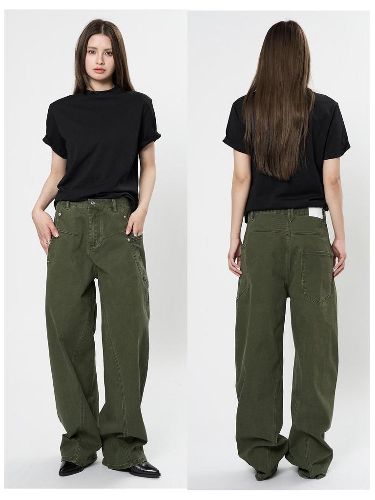 Louvre Spring Retro Low-Waist Loose-Fit Slim Green Women's Overalls