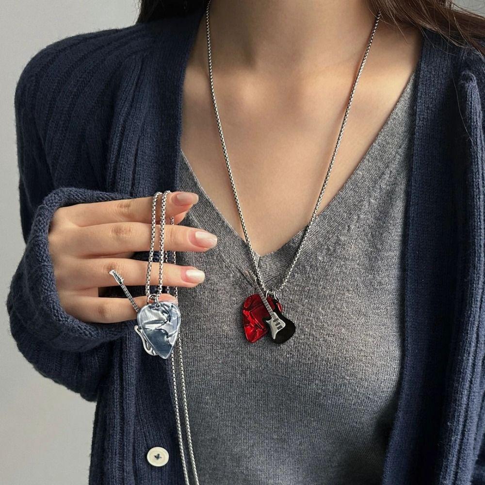Hip-hop Guitar Pick Pendant Necklace Punk Electric Guitar Sweater Chain Guitar Chain Choker  Unisex