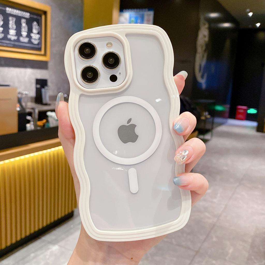 Cute Transparent Magnetic Phone Case For iPhone 16 15 14 13 12 11 Pro Max 15 16 Plus For Magsafe Charge Wave Frame Protect Cover