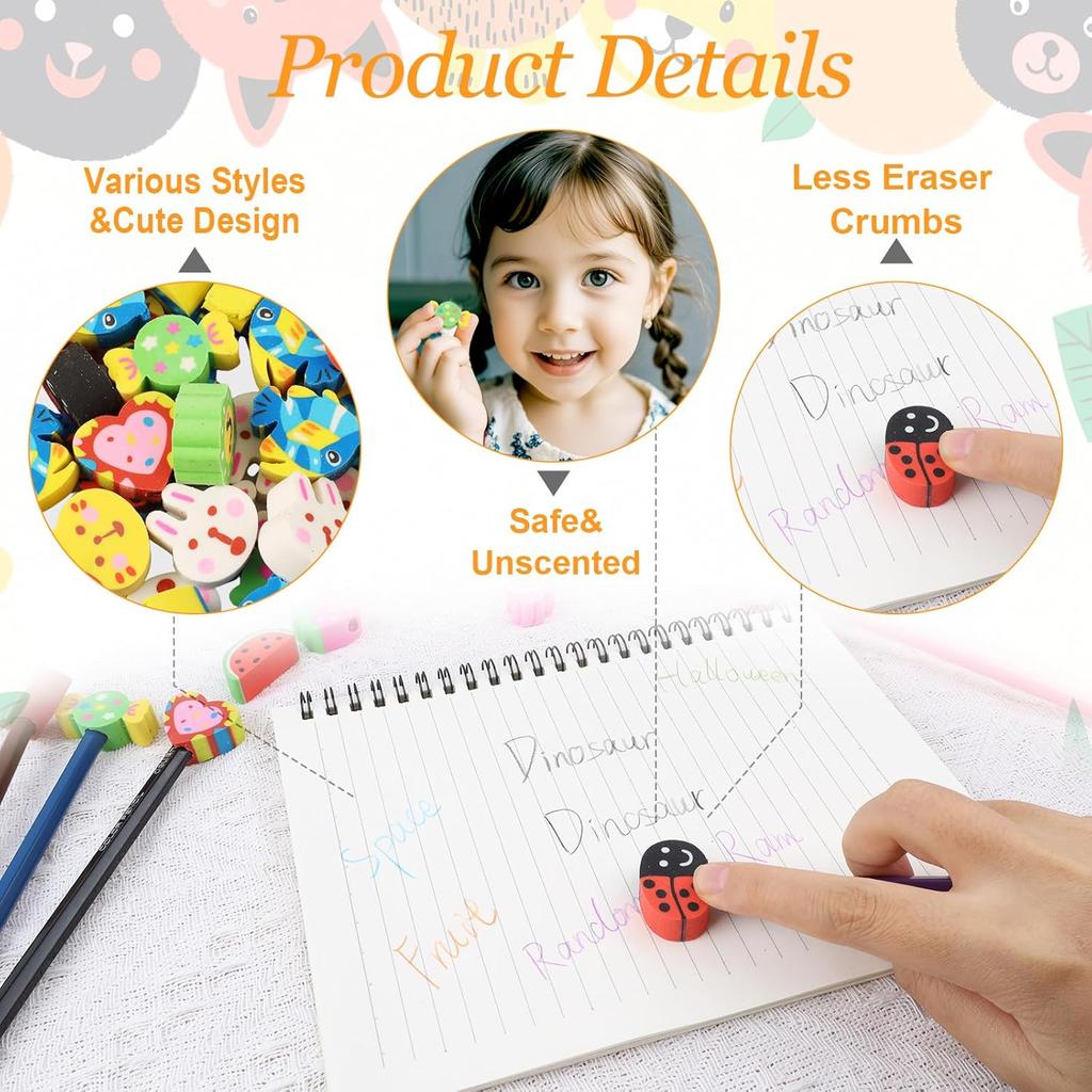 28Pcs Pencil Top Erasers for Kids Cute Randow Eraser Caps Pencil Top Erasers Bulk Erasers Toppers for School Party Favors Back to School Supplies