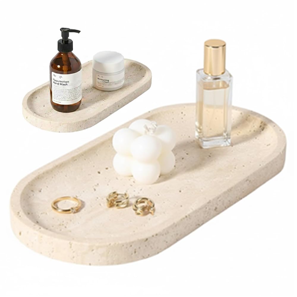 Travertine Tray, Oval, 25cm | Natural Marble, Small Item Holder, Bathroom/Entryway Decor, Gift, NGELOM