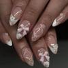 24Pcs Pink Almond False Nails Butterfly Ballet with French Design Wearable Fake Nails Simple Artificial Press On Nails Tips Art