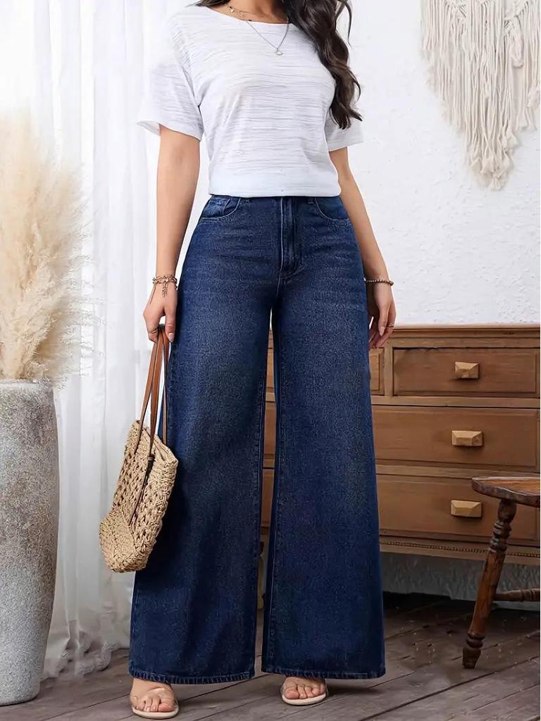2025 Trendy Women's Wide-Leg Jeans - Washed Dark Blue