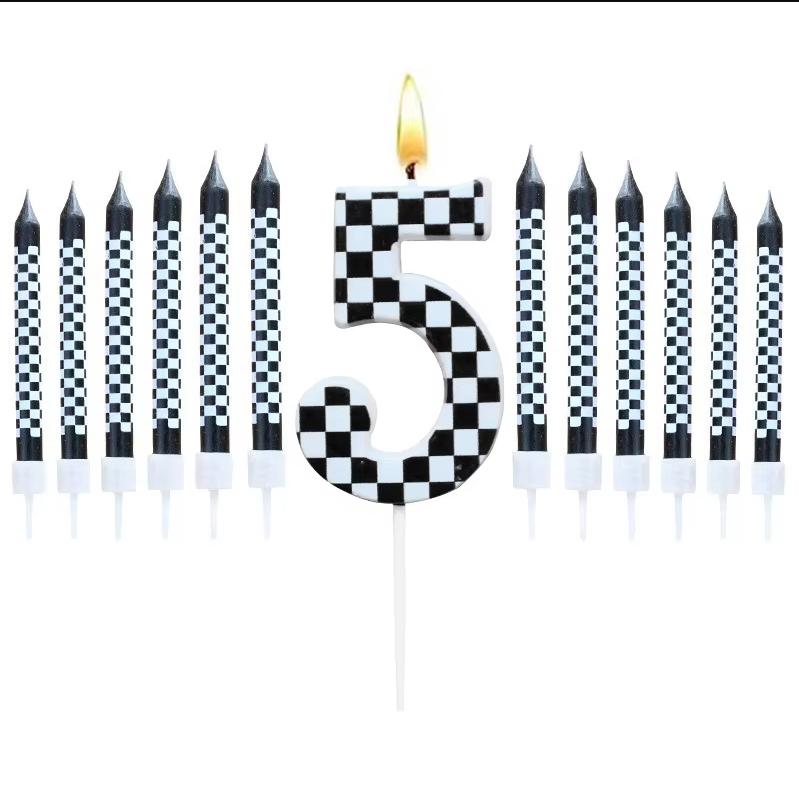 1/6/12/13 Pcs Racing Cars Themed Birthday Candles Black and White Race Number Checkered Candle Cake Topper for Racing Car Party