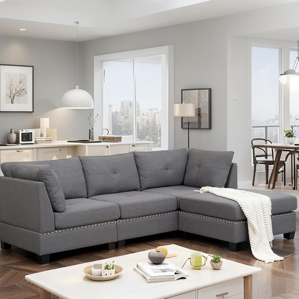 YODOLLA 225cm L-Shaped Corner Sofa, 3-4 Seater Sectional with Footstool for Living Room, Grey