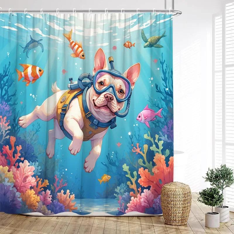 Funny Diving Cat Dog Shower Curtain Cute Cartoon Bathing Animals Sea Turtle Underwater Scenery Kids Bathroom Curtains Decor Set