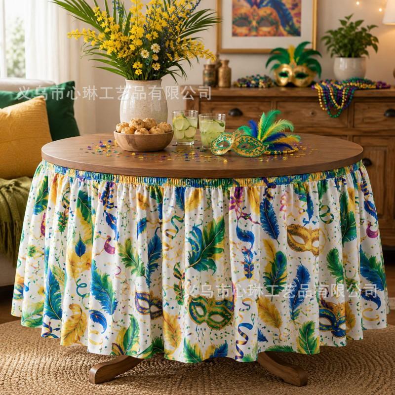 Tropical Plant Print Round Tablecloth Carnival Party Decor Festive Table Skirt In Geometric Abstract Design
