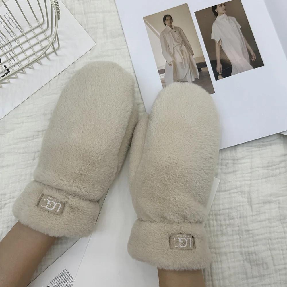 

Thicken Plush Soft Winter Fingerless Gloves Women WarmFur Fuzzy Mittens Cold Protection Student Outdoor Fashion Fluffy Gloves бежевий