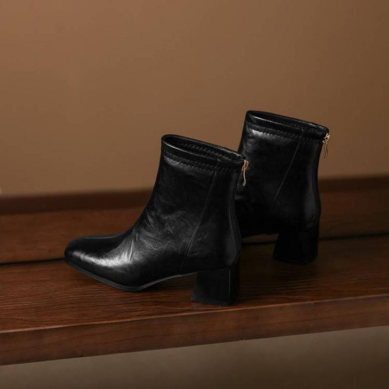Autumn and winter solid color leather medium boots rear zipper medium heel large size women's boots square heel comfortable leather boots new f