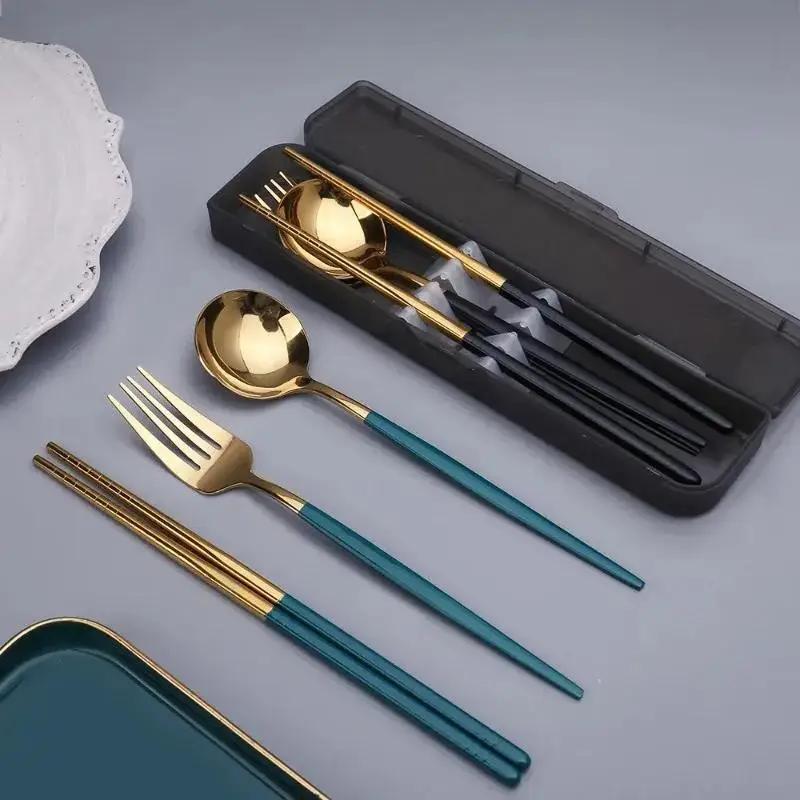 New Spoon Fork Chopsticks Set Storage Box Tableware Coffee Snack Fruit Dessert Portable Spoon Fork Chopstick Set Stainless Steel