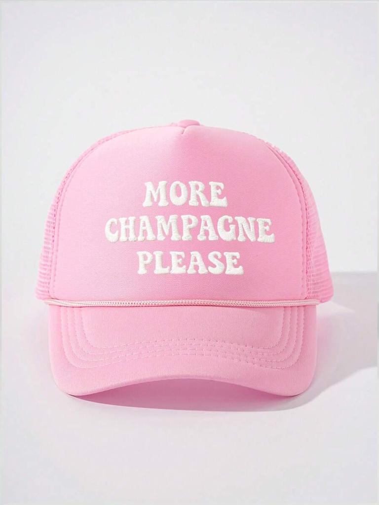 Pink Embroidered More Champagne Please Trucker Cap Adjustable Mesh Baseball Hat For Women
