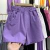 Moda Estiva da Donna Pantaloncini di Jeans a Gamba Larga a Vita Alta Viola Riducono l'Età