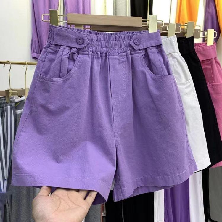 Moda Estiva da Donna Pantaloncini di Jeans a Gamba Larga a Vita Alta Viola Riducono l'Età