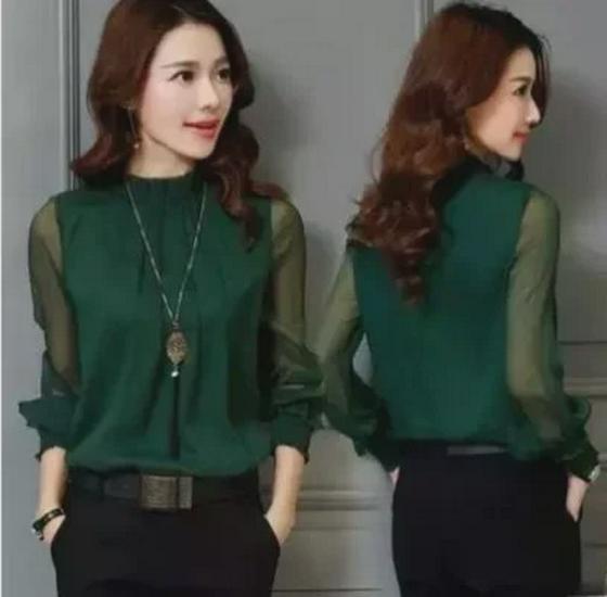 

2024 Корейский шифоновый топ с оборками и воротником-стойкой - Большой размер Large зелёный