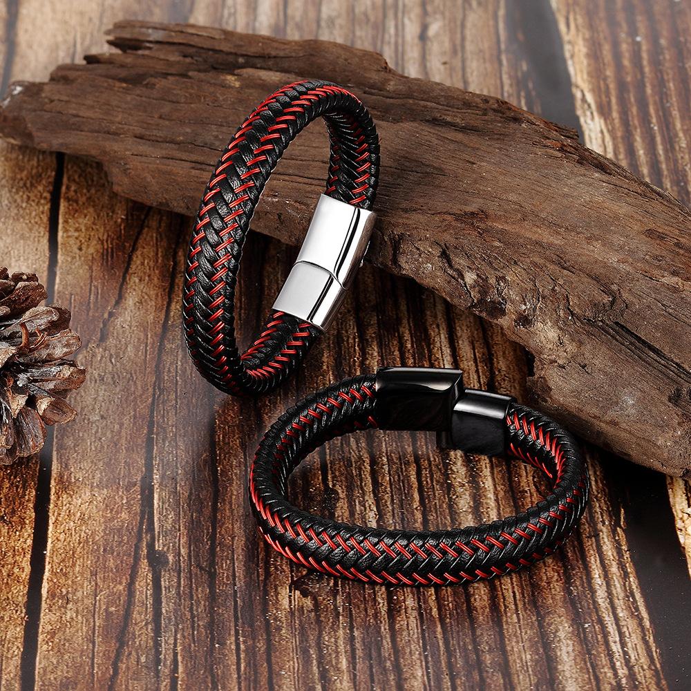 Braccialetto in Corda di Pelle per Uomo Braccialetto in Pelle Intrecciata Acciaio Inossidabile Gioielli in Pelle Rossa Regolabile Fatto a Mano