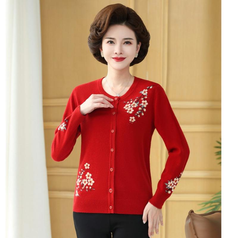 Middle-aged and Old Women's Sweater Bottoming Shirt Autumn New Heavy Industry Embroidered Cardigan Mother Fashion Age Reduction