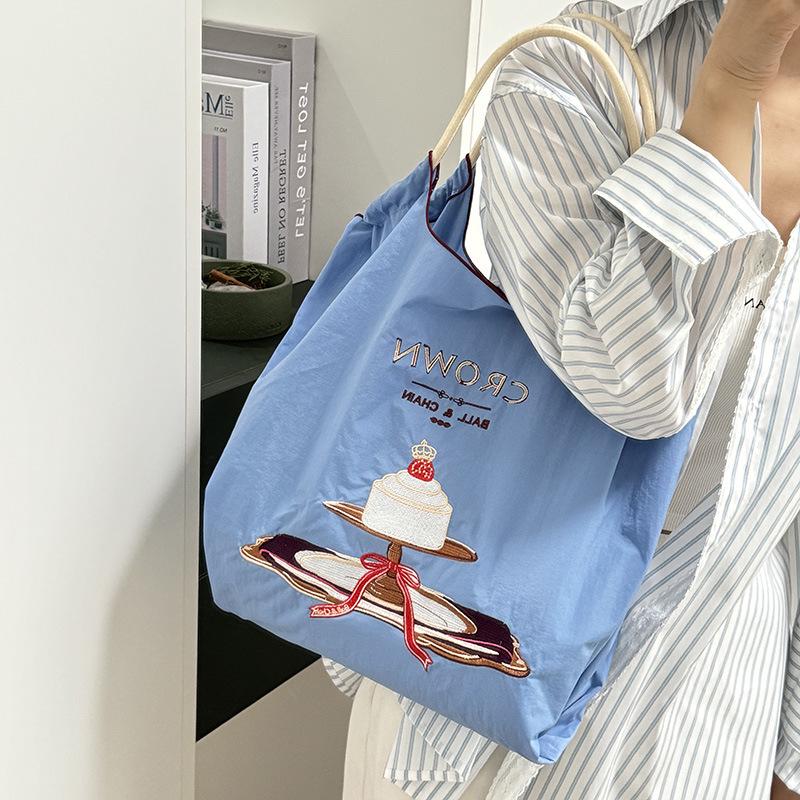 Crown Cake Japanese Girl Embroidered Canvas Crossbody Tote Bag - Large Capacity for Spring Outings