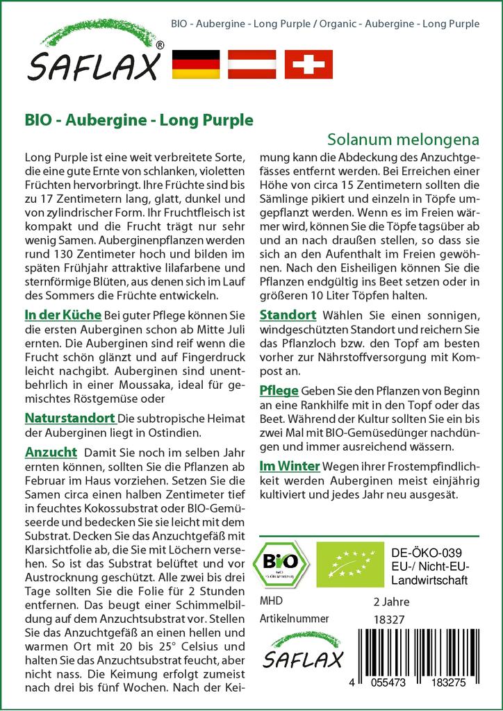 SAFLAX - Garden in the Bag - Organic - Aubergine - Long Purple - 20 seeds - With substrate in a fitting stand up bag - Solanum melongena