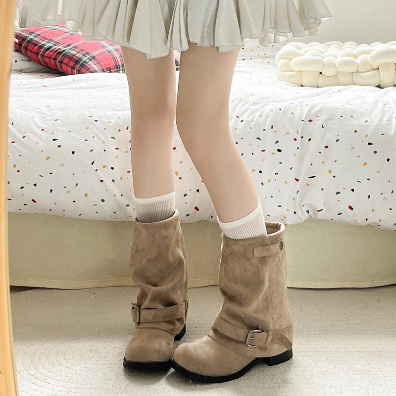 Belt buckle thin women's boots thick heel medium boots stacked women's versatile trousers boots new European and American fashion tube cloth