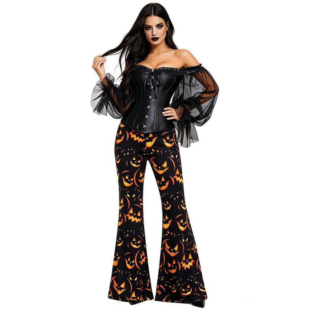 Halloween Pumpkin Witch Dark Witch Costume Set Off-Shoulder Mesh Sleeves Shapewear Pumpkin Trumpet Pants