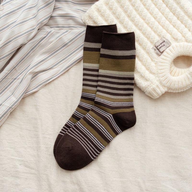 Retro Color-blocking Striped Mid-calf Socks for Women, Breathable Autumn and Winter Birken Shoes, Double-needle Pile Socks