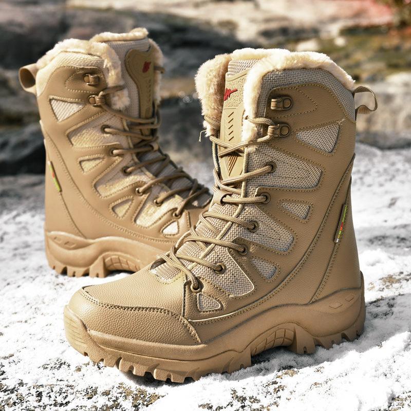 Fashion Men's New Lace Up Warm Plush Snow Boots Casual High Top Waterproof and Anti Slip Military Work Boots