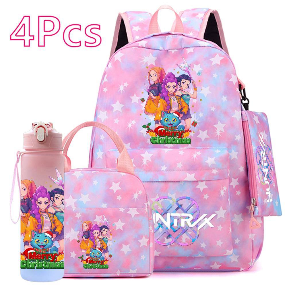 4 st/set Jul K-POP Tryckt Ryggsäck Handväska Pennskrin 750 ml Vattenflaska för Tonåring Pojke Flicka Bokväska Skolväska Med Drickmugg Barnpresent