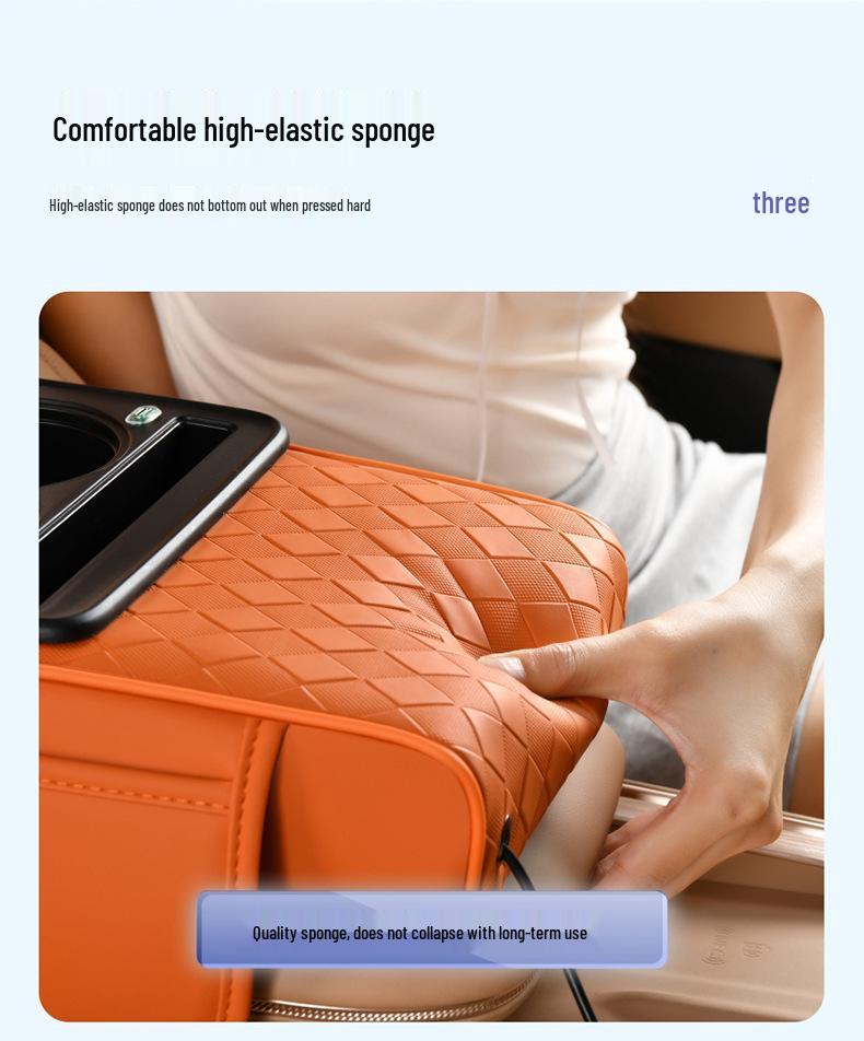 Rhombus Charging Car Armrest with Nappa Leather, Dual Cup Holder, Storage & Tissue Box.