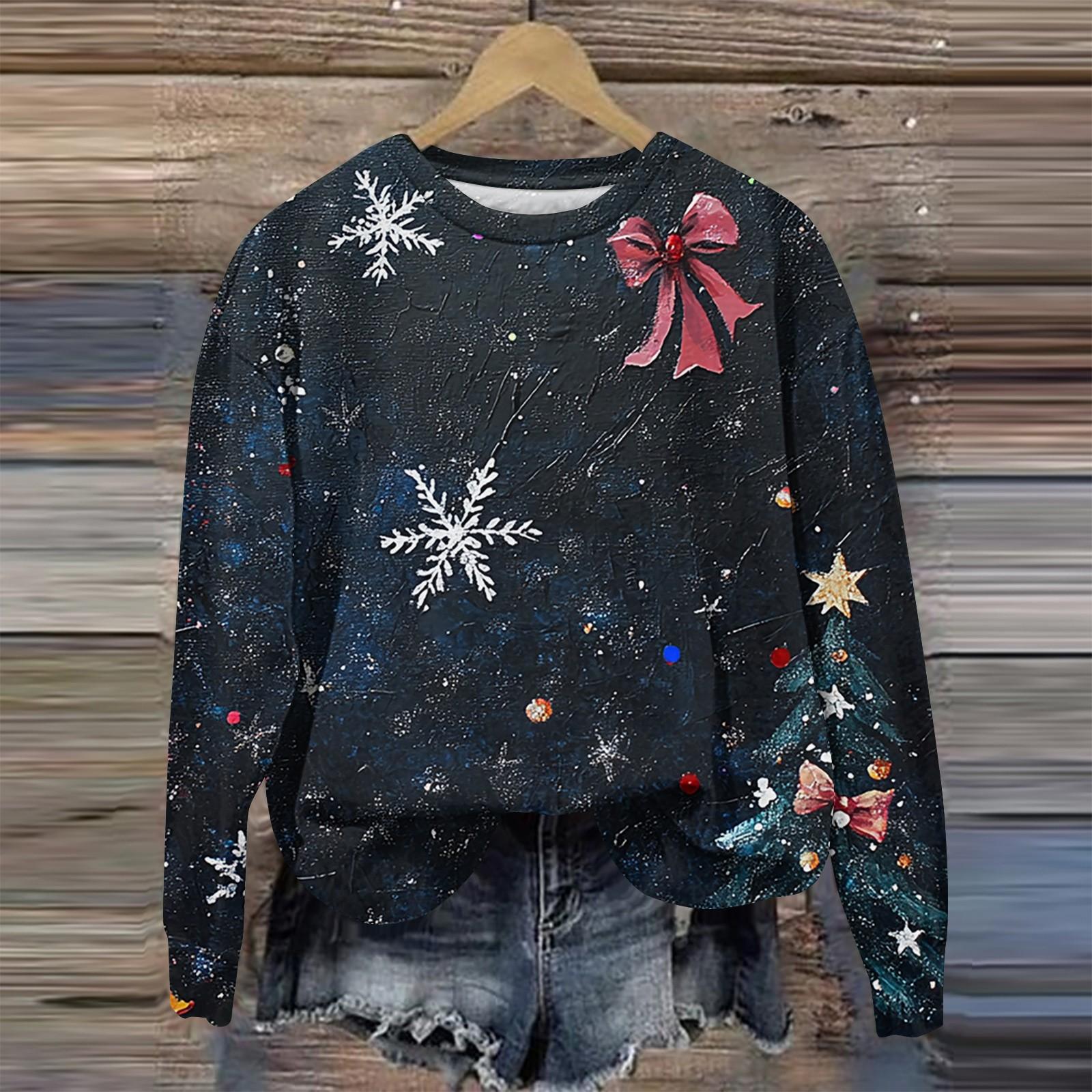 

Женская мода круглый вырез пуловер длинный рукав футболка рождественский принт топ S чёрный