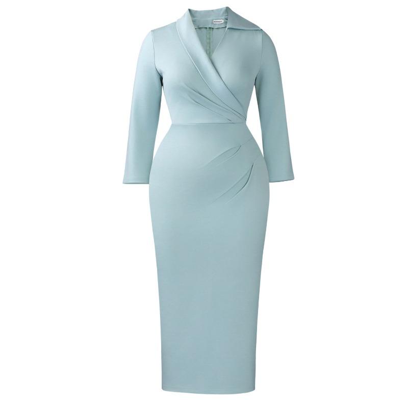 Plus Size Women Sexy Slim Fit V Neck Solid Color Bodycon Pencil Midi Dress