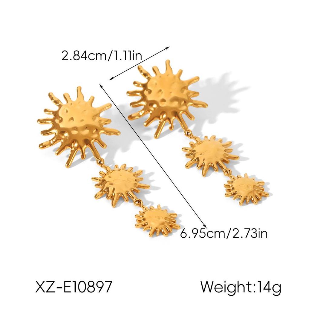 European-American Stainless Steel Hammered Sun Earrings: Light Luxury Titanium Steel Long Tassel Dangles for Women